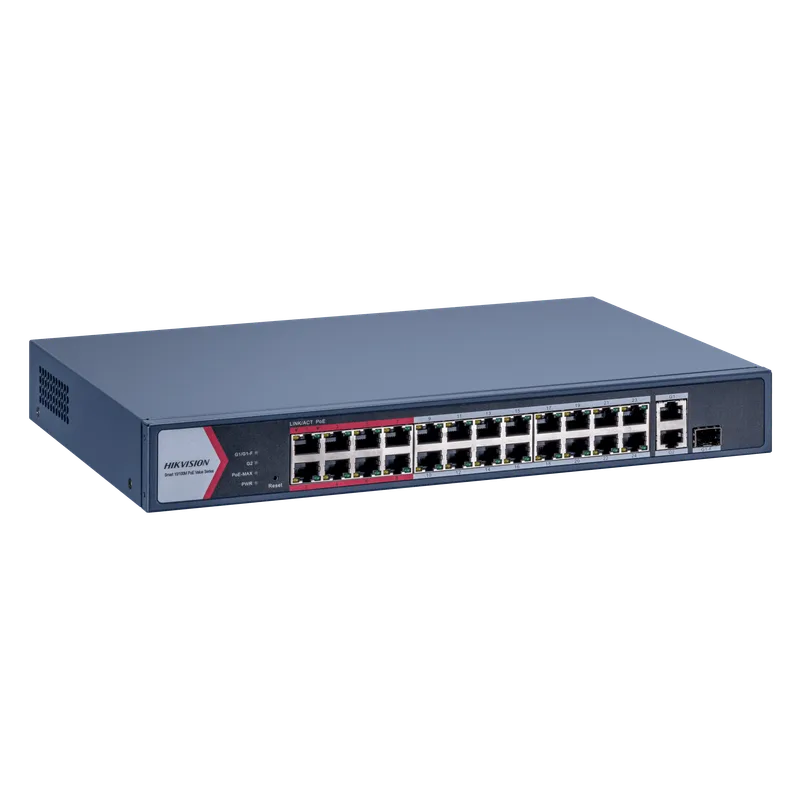 Switch Gigabit PoE+ / Monitoreable / 24 Puertos 1000 Mbps PoE+ / 1 Puerto 1000 Mbps de Uplink / 1 Puerto SFP / Configuración Nube desde Hik-PartnerPro / Modo Extendido hasta 300 Metros / 230 Watts HIKVISION DS-3E1326P-EI/M