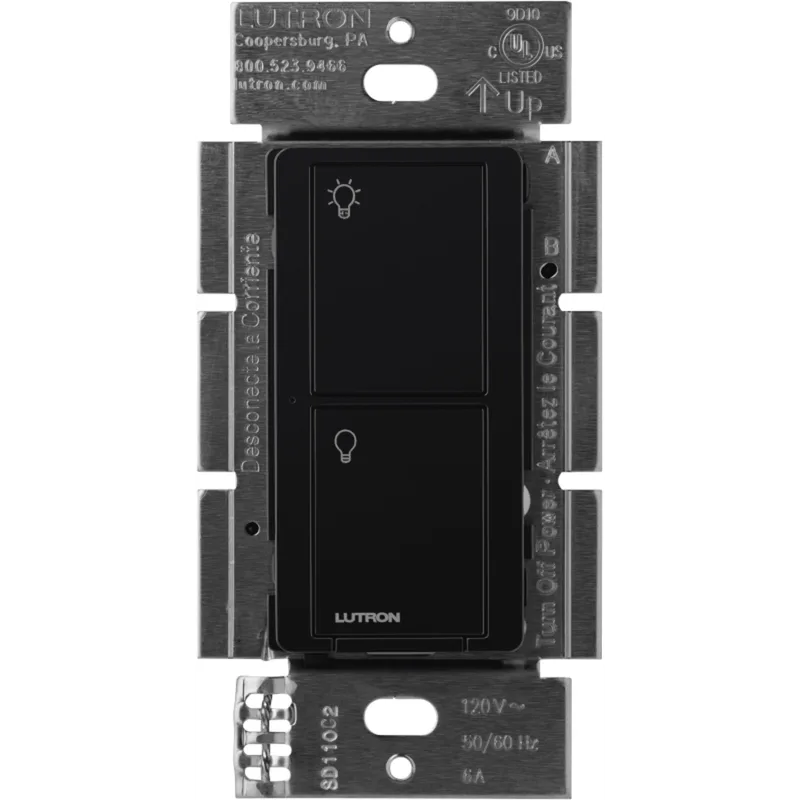 Interruptor de pared inteligente on/off Caseta Wireless de 5 A y 120/277 V, sin cable neutro, compatible con controles Pico y Smart Bridge, color negro LUTRON CASETA WIRELESS PD5WSDVBL