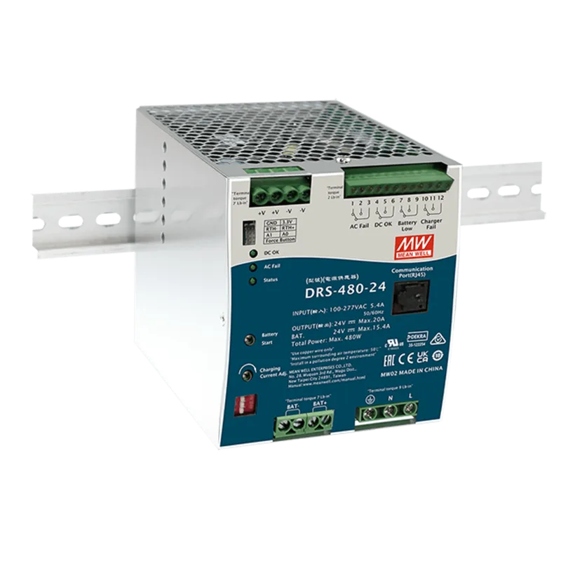Fuente de Poder Industrial de 480W con Cargador de Baterías, salida 24Vcc, 20A, para montaje Riel Din MEANWELL DRS48024