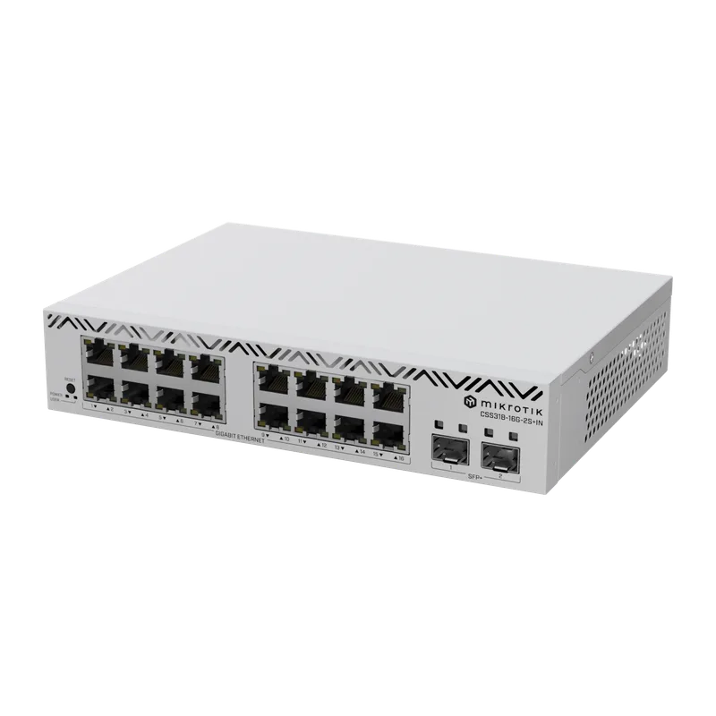 Switch MikroTik con 16 Puertos Gigabit Ethernet / 2 Puertos SFP+ 10G / Filtrado MAC y VLANs / SwOS Configuración Web CSS318-16G-2S+IN