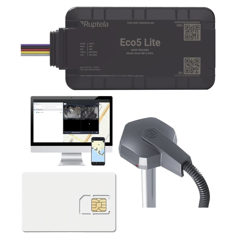 Rastreador Vehicular y Monitoreo de Flota / BLE 5.0 y GNSS / LTE CAT1 y LTE-M con Respaldo 2G / GNSS U-blox / MiKado IP54 / -20 °C a +40 °C / Acelerómetro de 3 Ejes / Suministro 9-32 V / Batería Interna RUPTELA ECO5LITEKITFUEL2