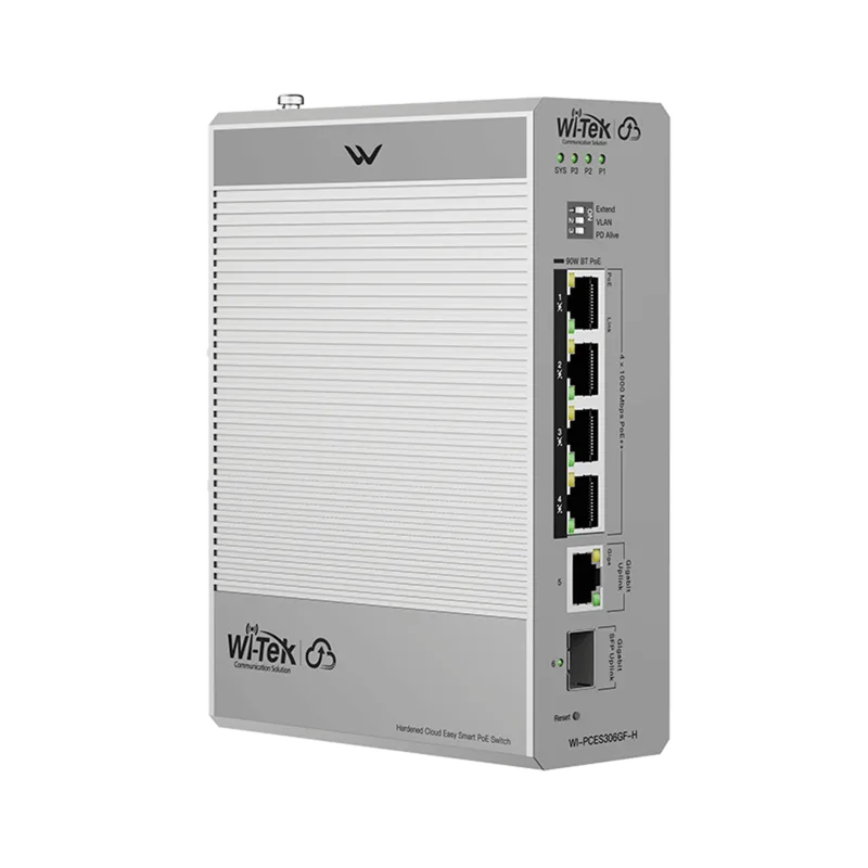 Switch Industrial PoE / 4 Puertos Gigabit PoE++ (802.3bt) / 1 Puerto Gigabit + 1 SFP / Alimentación DC 12-57V / Fanless / DIN-Rail / -30°C a 65°C / 55W-300W Budget PoE WI-TEK WI-PCES306GF-H