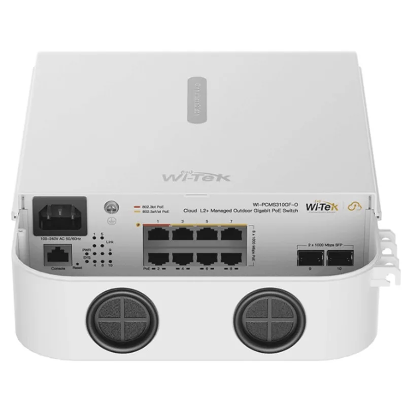 Switch PoE Gigabit 8 Puertos / 2 SFP Uplink / PoE++ 802.3bt 90W Puerto 1-2 / PoE+ 802.3at 30W Puerto 3-8 / 110W Presupuesto Total / 20Gbps Switching / Sin Ventilador / Montaje en Pared o Poste / Industrial -30°C a 60°C WI-TEK WIPCMS310GFOV2