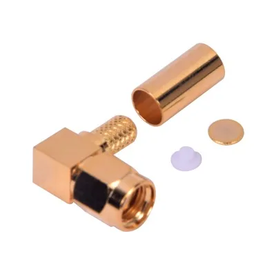 Conector SMA Macho Inverso en Ángulo Recto de Anillo Plegable para Cables RG-58/U, RG-142/U, Oro/ Oro/ Teflón. RF INDUSTRIES,LTD RP-3010-1C1