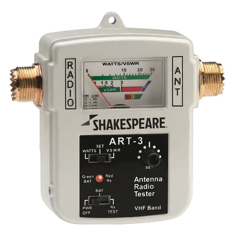 Probador de Antena y Radio SHAKESPEARE ART-3 / Mide Recepción, Potencia y VSWR / 155-158 MHz / Escala 0-30 W / Conectores SO-239 / Portátil a Batería 12 V
