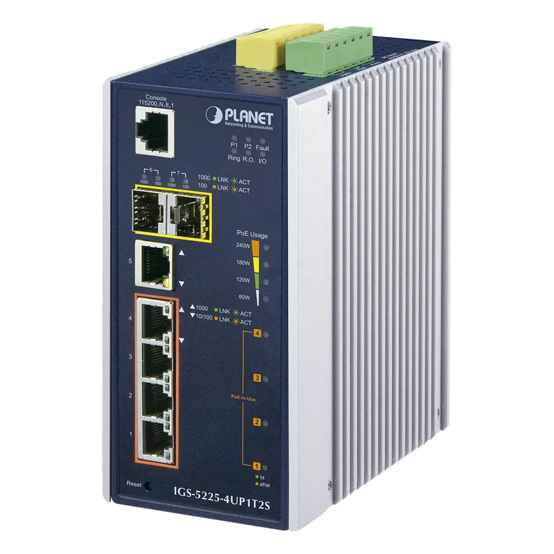 Switch Industrial Administrable 4 Puertos Gigabit c/Ultra PoE 802.3af/at, 2 Puertos SFP PLANET IGS-5225-4UP1T2S