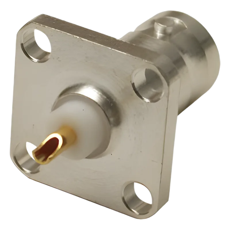 Conector BNC Hembra para Chasis, 4 Perforaciones con 12.7 mm, Plata/ Oro/ Teflón. RF INDUSTRIES,LTD RFB-1115-S