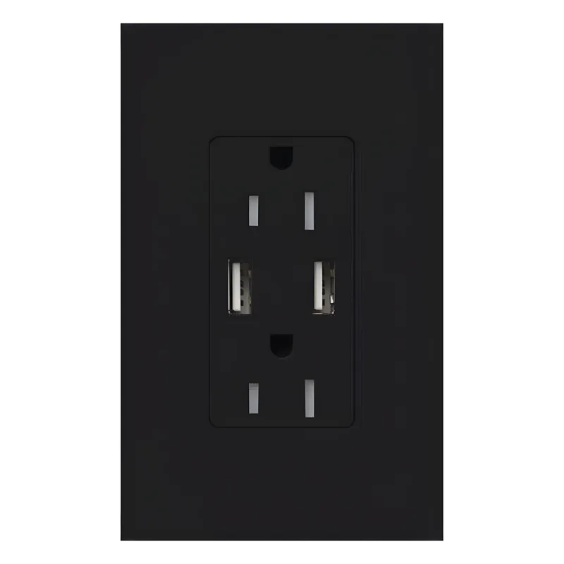 Tomacorriente de pared 15 A con dos puertos USB tipo A de 3.8 A para carga de dispositivos, resistente a manipulaciones, línea Satin Colors color Midnight LUTRON ELECTRONICS SCR15UBTRMN
