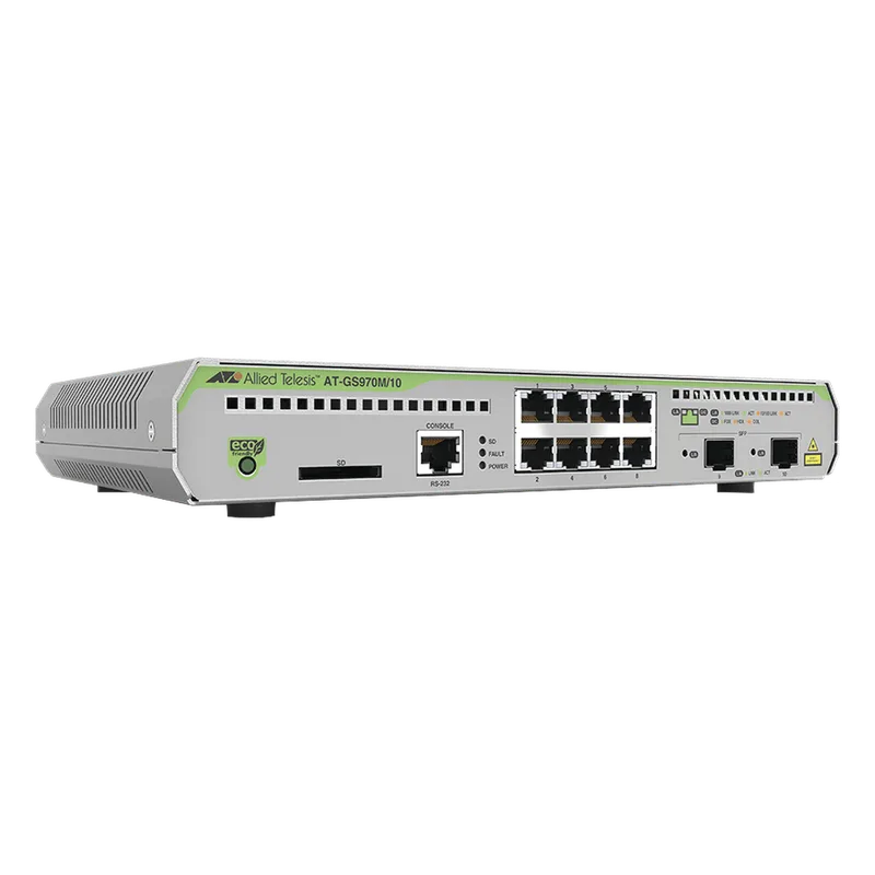 Switch Administrable CentreCOM GS970M, Capa 3 de 8 Puertos 10/100/1000 Mbps + 2 puertos SFP Gigabit ALLIED TELESIS AT-GS970M/10-10