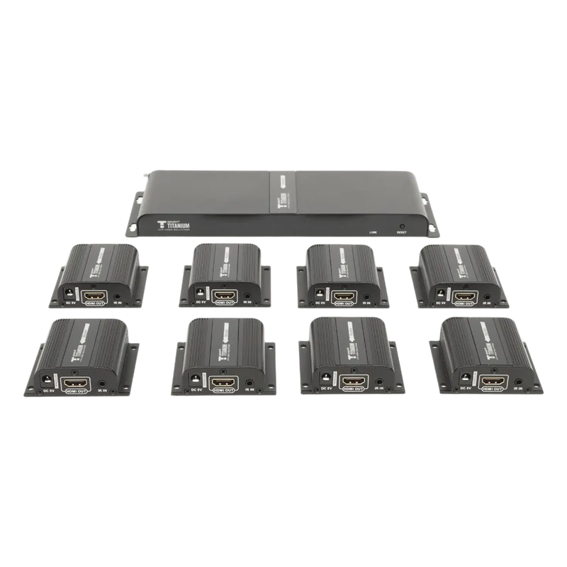 Kit Divisor y Extensor HDMI (Extender Splitter) / Divide 1 Fuente HDMI a 8 Pantallas / Extiende la señal HDMI hasta 40 m / Resolución 1080P @ 60 Hz / Cat 6/6a/7 / Uso 24/7 / Salida Loop en el Tx / IR / Alimente solo el Tx (PoC). EPCOM TITANIUM TT718PRO
