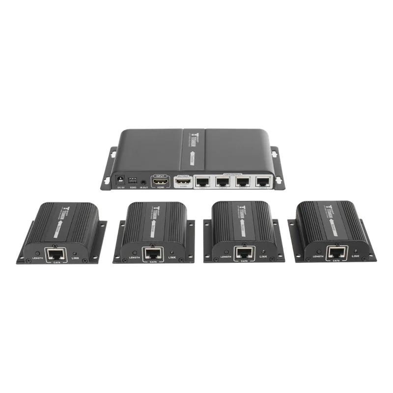 Kit Divisor y Extensor HDMI (Extender Splitter) / Divide 1 Fuente HDMI a 4 Pantallas / Extiende la señal HDMI hasta 40 m / Resolución 1080P @ 60 Hz / Cat 6/6a/7 / Cero Latencia / Salida Loop en el Tx / IR / Alimente solo el Tx (PoC). EPCOM TITANIUM TT714PRO