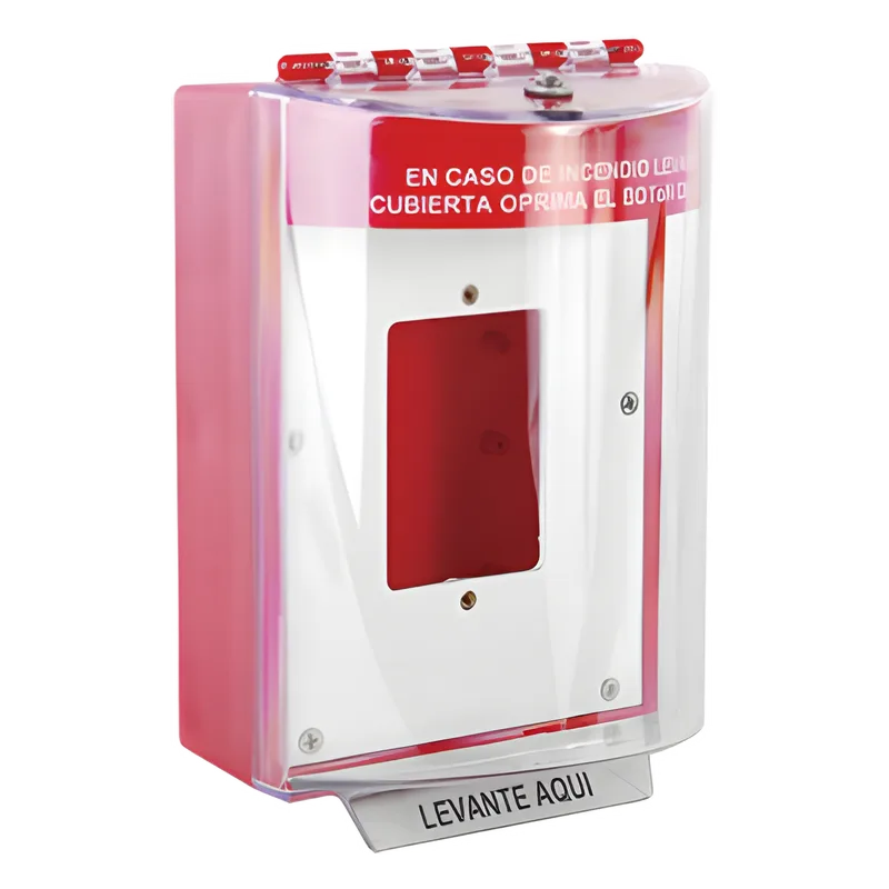 Cubierta Universal De Policarbonato Con Espaciador y Placa De Montaje Interna, Texto De Incendio En Español, Interior/Exterior, Serie Universal Stopper® STI STI-13510FR-ES