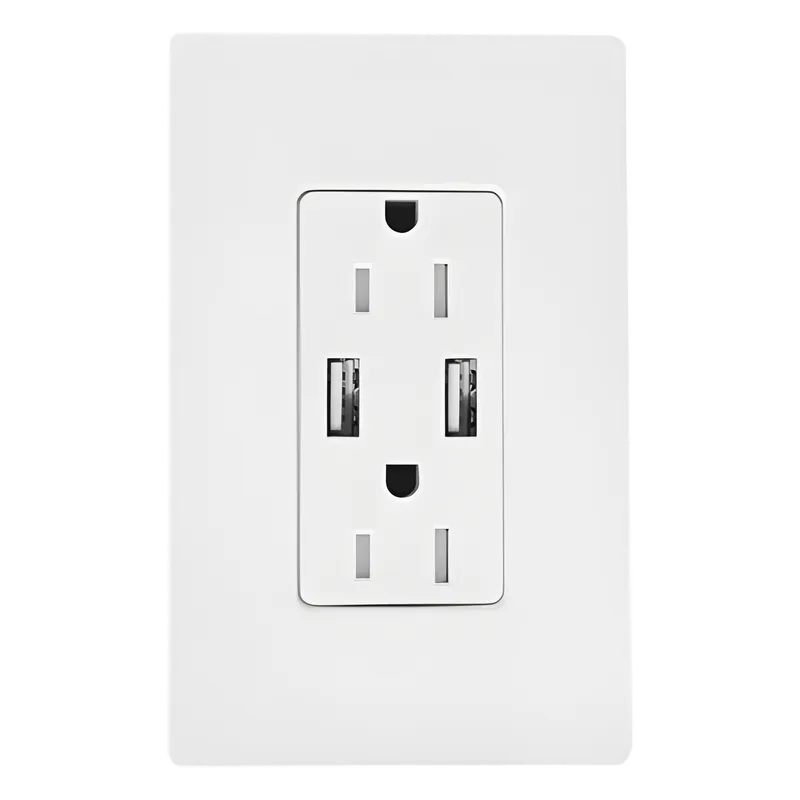 Receptáculo 15 A, 125 V con dos puertos USB tipo A de 3.8 A combinados, resistente a manipulaciones, estilo Claro en acabado satinado color Snow LUTRON ELECTRONICS SCR15UBTRSW