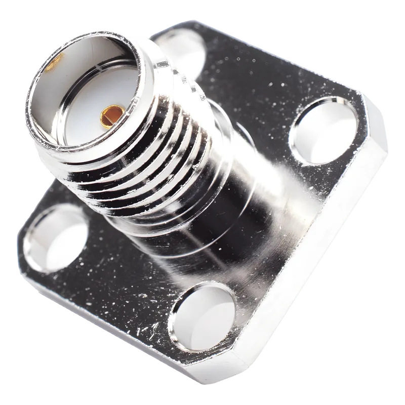 Conector SMA Hembra, Montaje de Panel Cuadrado, 4 Perforaciones, Soldable, Niquel/ Oro/ Teflón. RF INDUSTRIES,LTD RSA-3271