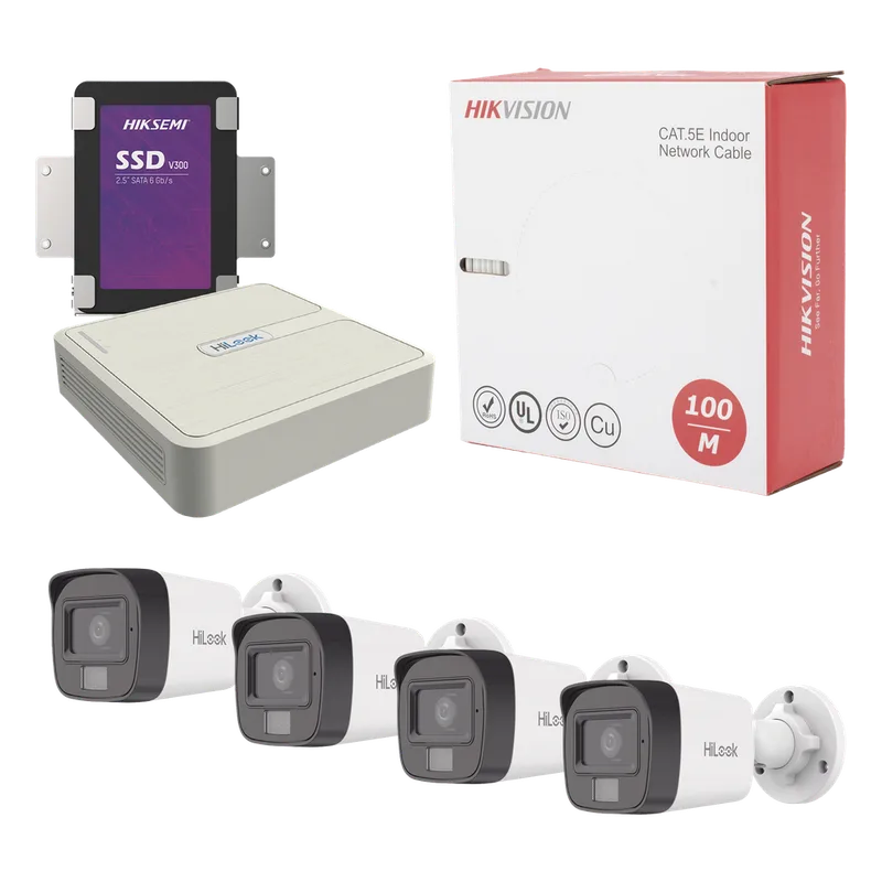 Kit IP 4 Megapixel / NVR de 4 Canales / 4 Cámaras IP Dual light y Microfono Integrado / Bobina de Cable de 100 mts / Disco Duro 1 TB HiLook by HIKVISION KHL4B/1TB
