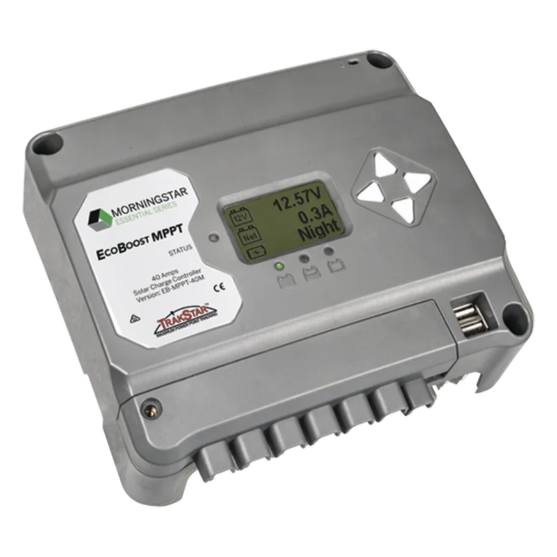 Controlador de Carga Solar MPPT EcoBoost 40 A / Pantalla LCD / 12V y 24V / 2 Puertos USB 3A / Control de Iluminación MORNINGSTAR EBMPPT40M