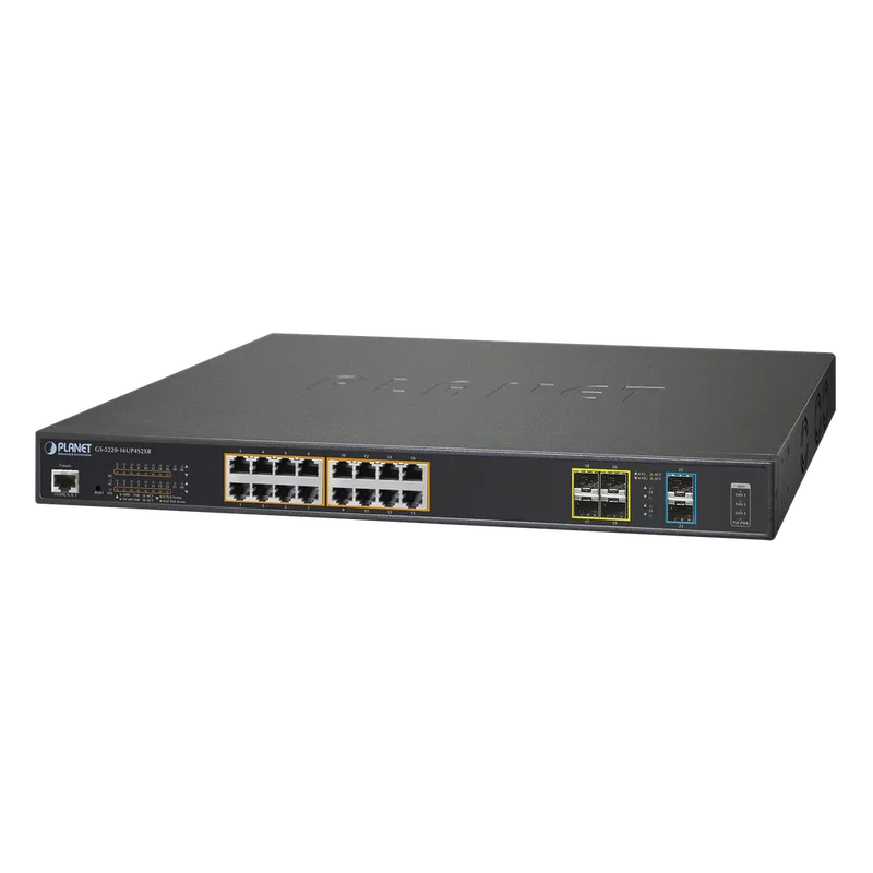 Switch Adminsitrable L2+, 16 puertos Ultra PoE 802.3bt, 4 puertos SFP, 2 puertos SFP+ PLANET GS-5220-16UP4S2X
