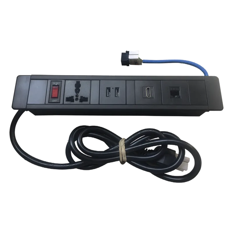 Hub para escritorio color negro, con 1 Puerto HDMI Hembra-Hembra, 1 Conector RJ45 Cat6, 2 Puertos USB 5V DC /2 A, y 1 Contacto eléctrico universal (11100-00001) THORSMAN THMC-HUB
