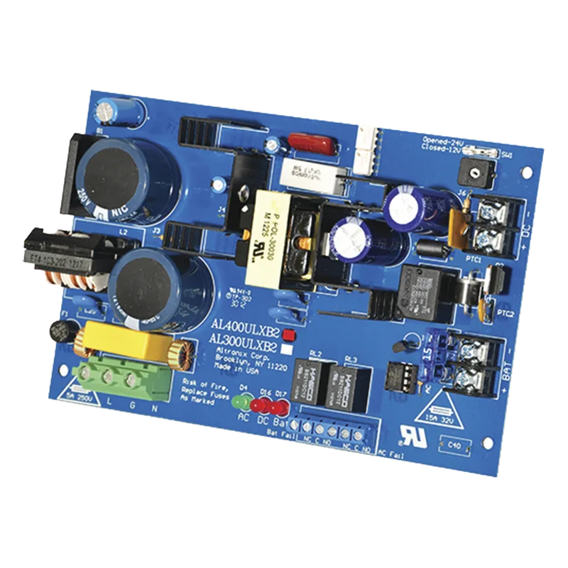 Fuente de alimentacion tipo tarjeta, salida seleccionable de 4 A@12 y 24 Vcc @ 3 A, capacidad de respaldo, reley de supervision ALTRONIX AL400ULXB2