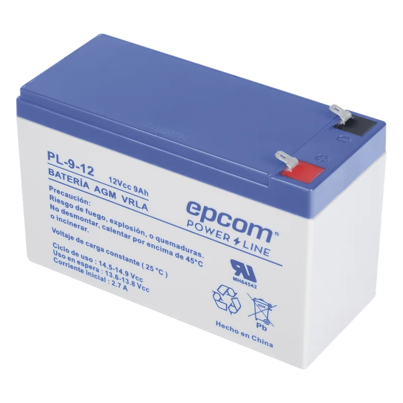 Batería 12 Vcc / 9 Ah / UL / Tecnología AGM-VRLA / Para uso en equipo electrónico Alarmas de intrusión / Incendio/ Control de acceso / Video Vigilancia / Terminales F1 / Cargador recomendado CHR-80. EPCOM POWERLINE PL912