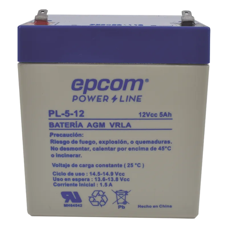 Batería 12 Vcc / 5 Ah / UL / Tecnología AGM-VRLA / Para uso en equipo electrónico Alarmas de intrusión / Incendio/ Control de acceso / Video Vigilancia / Terminales F1 / Cargador recomendado CHR-80. EPCOM POWERLINE PL512