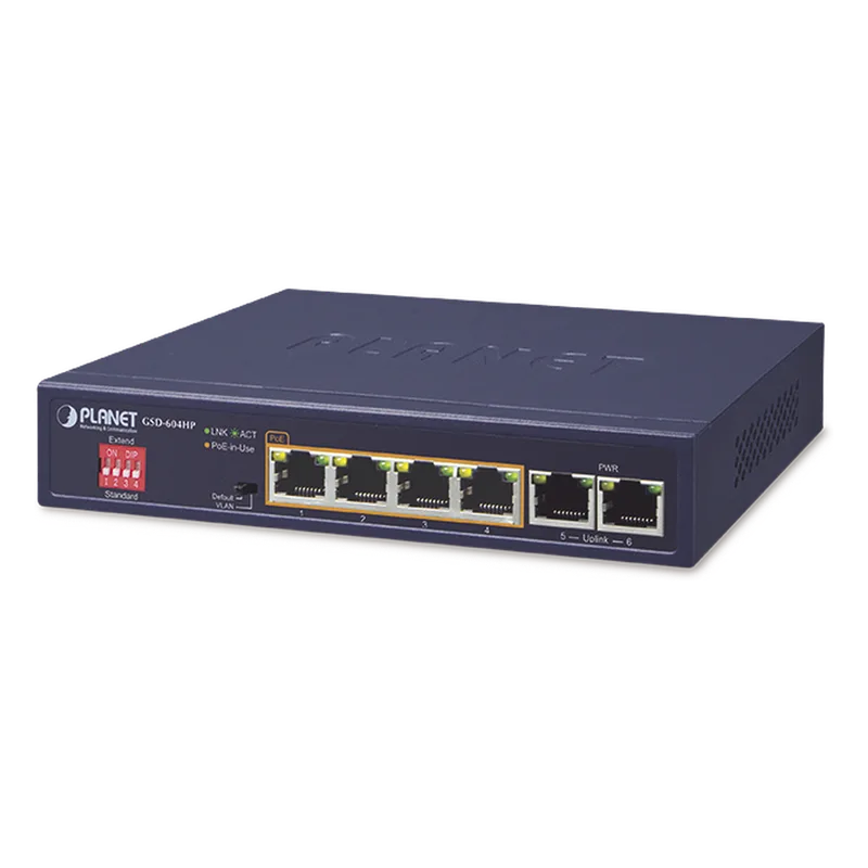 Switch No Administrable 4 Puertos 10/100/1000T 802.3at PoE + 2 Puertos 10/100/1000T de Uplink para Escritorio PLANET GSD-604HP