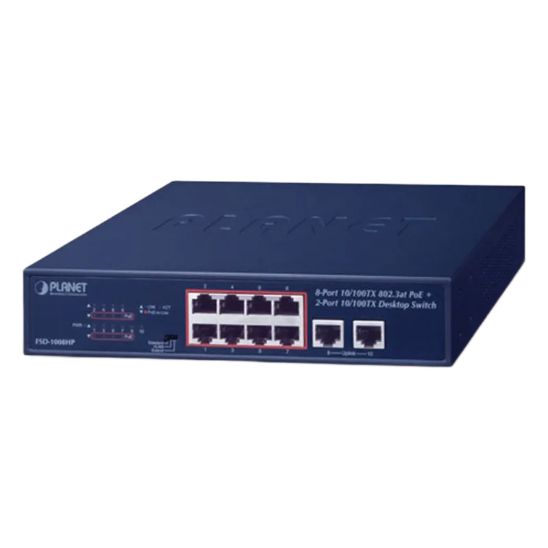 Switch de Escritorio de 8 Puertos 10/100TX 802.3at PoE+ / 2 Puertos 10/100TX / 120W PoE Budget / Modos Standard, VLAN y Extendido / Distancia Extendida Hasta 250m PLANET FSD-1008HP