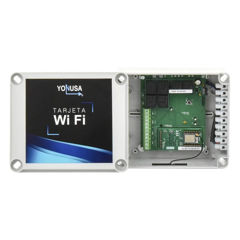 Modulo WIFI con gabinete para uso en Energizadores YONUSA/Aplicación sin costo/Activación Remota de 4 salidas tipo Relay con alta capacidad. TARJET-WIFI-V2