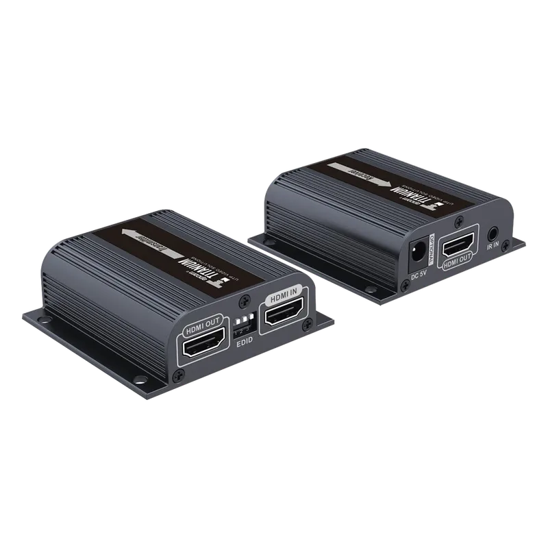 Kit Extensor HDMI para distancias de 50 metros / Soporta resoluciones 720 y 1080P @ 60 Hz / Cat 6, 6a y 7 / Salida Loop en el Tx para visualización local / Configuración EDID / Soporta control remoto del equipo fuente / Alimente solo el Tx EPCOM TITANIUM TT372EDID