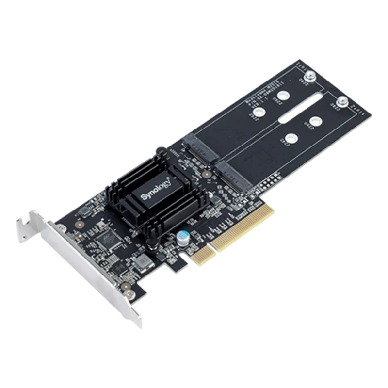 Tarjeta de Expansión M2D18 | PCIe 2.0 x8 | Compatible con NVMe y SATA SSD | 2 Ranuras M-key | Perfil Bajo y Altura Completa | Garantía de 3 Años. SYNOLOGY