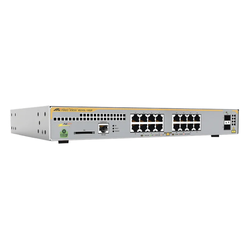 Switch Industrial-Lite PoE+ administrable capa 2 de 16 Puertos 10/100/1000 Mbps + 2 puertos SFP, 247 W ALLIED TELESIS AT-IE210L-18GP-60