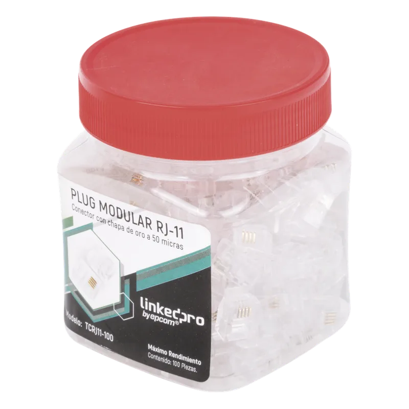 Bote con 100 Piezas de Plug Modular Tipo RJ11 de 4 Contactos Chapado de Oro a 50 Micras LINKEDPRO BY EPCOM TCRJ11-100