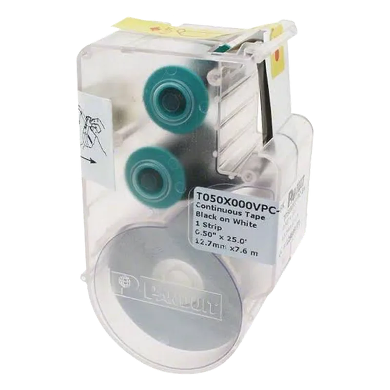 Casete de Etiqueta de Vinilo de Cinta Continua, Color Negro Sobre Blanco, Uso Interior/Exterior, 12.7 mm de Ancho x 7.6 Metros (24.93 Pies) de Largo PANDUIT T050X000VPC-BK