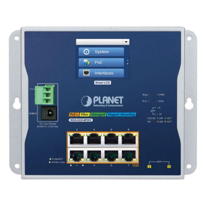 Switch Industrial Flat-Type 8 Puertos Gigabit C/PoE 802.3at, 2 Puertos SFP, LCD PLANET WGS-5225-8P2SV