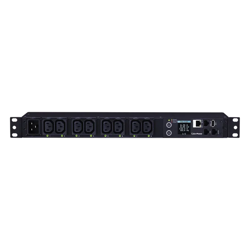 PDU Switchable y Monitoreable por Toma, para Distribución de Energía, Entrada 200-240 Vca NEMA L6-20P, Con 8 Salidas C13, Horizontal 19in, 2UR CYBERPOWER PDU81006