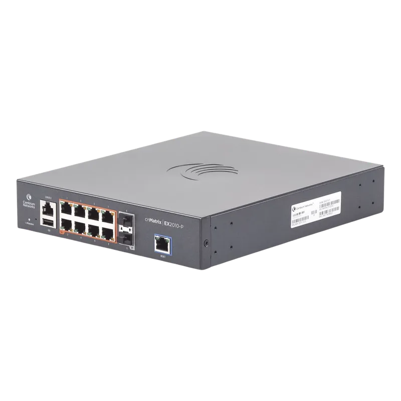 Switch cnMatrix EX2010-P capa 3 de 10 puertos(8 PoE Gigabit 802.3af/at, 2 SFP, 1 consola, 1 MNGMT, 1 USB) administración cnMaestro On-Premises (MX-EX2010PXA-U) CAMBIUM NETWORKS