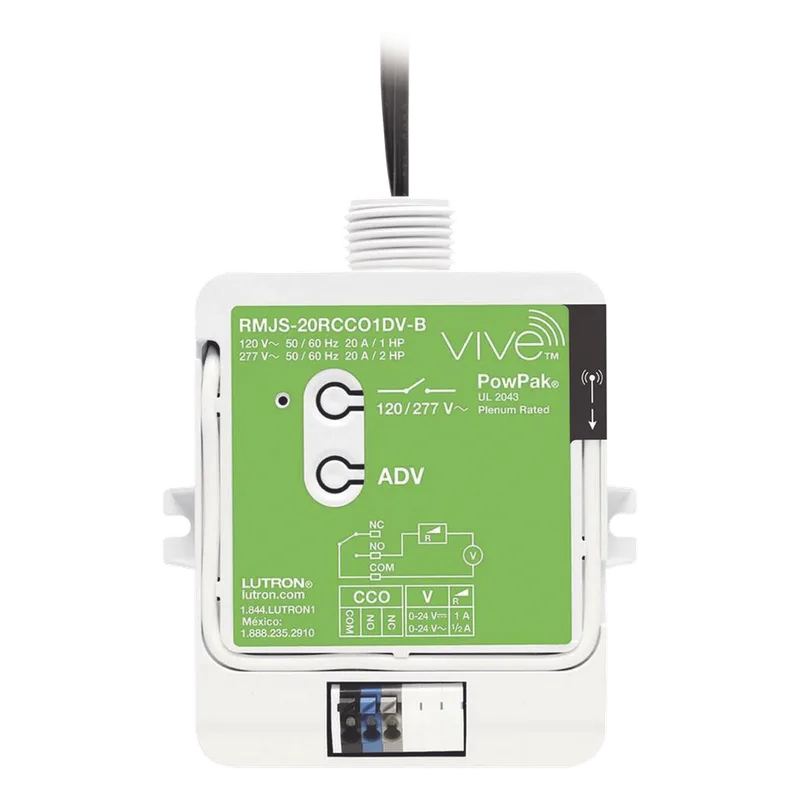 Módulo de relevador inalámbrico PowPak de 20 A para control de receptáculos, con salida de contacto seco para HVAC, compatible con controles Pico y hub Vive LUTRON ELECTRONICS RMJS20RCCO1DVB