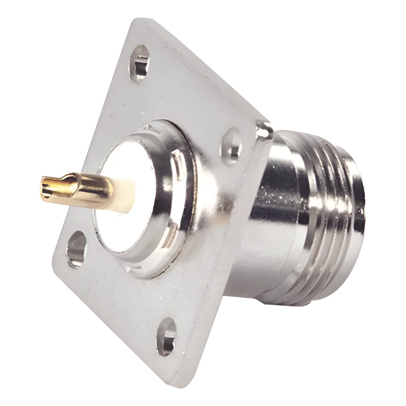 Conector N Hembra para Montaje en Panel, 4 perforaciones a 18 mm, PIN Largo, Plata/ Oro/ Teflón. RF INDUSTRIES,LTD RFN-1021-SYS