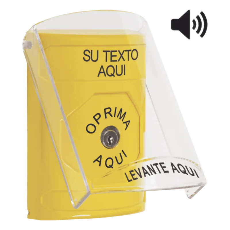 Botón con Texto Personalizado, Tapa Protectora de Policarbonato Súper Resistente, Bocina integrada, Llave para Restablecer STI SS2-2A0-ZA-ES