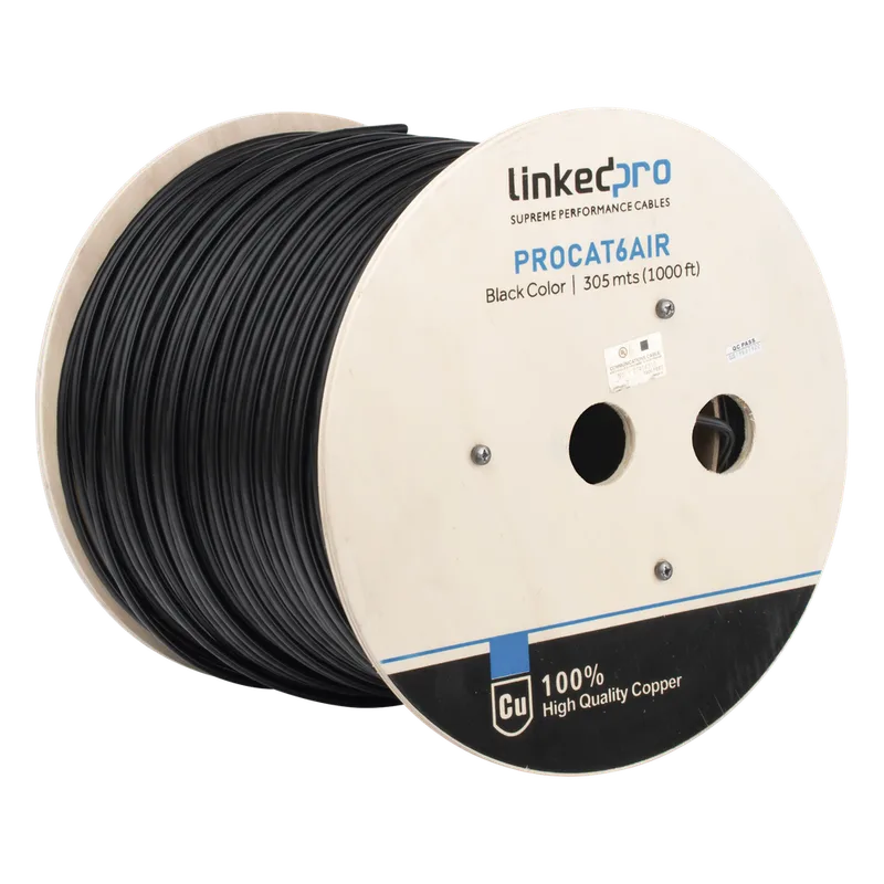 Bobina de Cable FTP con Mensajero de Acero de 305 Metros (1000 Pies) Cat6+ Calibre 23, Color Negro, para Aplicaciones en Video Vigilancia y Redes de Datos / Uso en Intemperie y Aplicaciones Aéreas LINKEDPRO BY EPCOM PRO-CAT-6-AIR