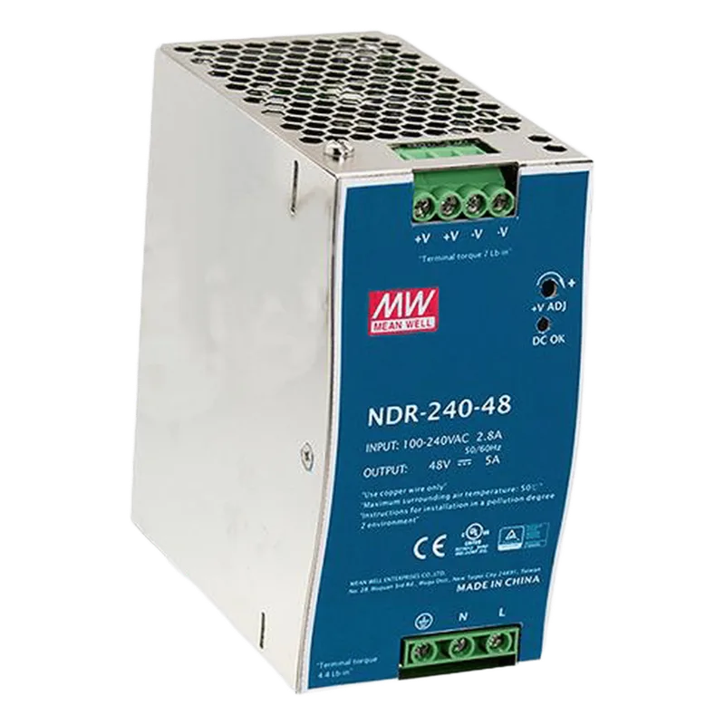 Fuente de Poder Industrial de 240W, salida 48Vcc, 5A, para montaje Riel Din MEANWELL NDR24048