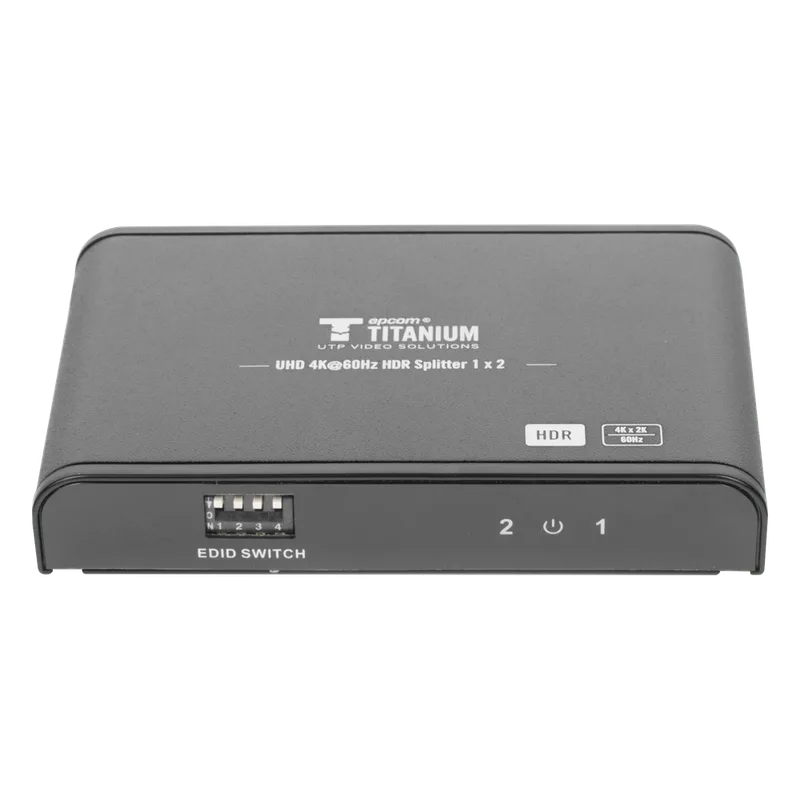 Divisor (Splitter) HDMI 4K de 1 Entrada a 2 Salidas (Simultaneas) / Soporta 4K×2K / Ajuste de resoluciones EDID / HDR / HDMI 2.0 / HDCP 2.2 / Soporta formatos de Audio Dolby Digital / Longitud del cable de entrada y salida ≤10m. EPCOM TITANIUM TT312HDR-V2.0