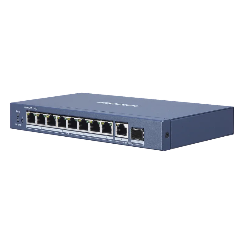 Switch Gigabit PoE+ / No Administrable / 8 Puertos 1000 Mbps PoE+ / 1 Puerto 1000 Mbps de Uplink + 1 Puerto SFP / 110 Watts HIKVISION DS-3E0510P-E
