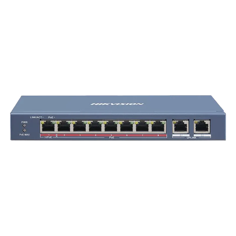 Switch PoE+ / No Administrable / 7 Puertos 10/100 Mbps 802.3 af/at (30 W) / 1 Puerto 10/100 Mbps Hi-PoE (90 W) / 2 Puertos 1000 Mbps Uplink / Modo Extendido hasta 300 Metros / 110 Watts HIKVISION DS-3E0310HP-E