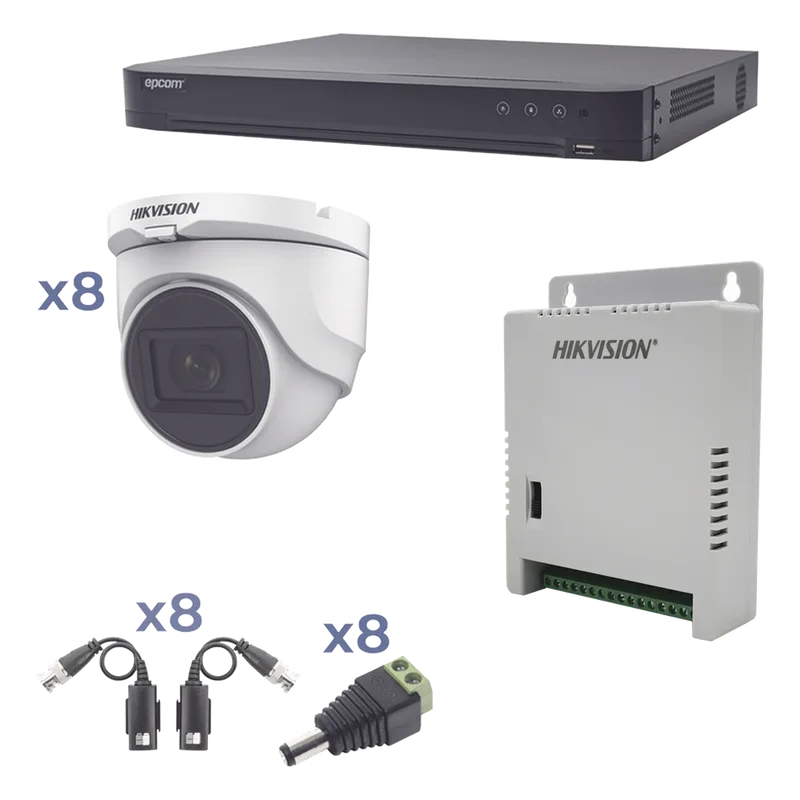 Kit TURBOHD 1080p / DVR 8 Canales / 8 Cámaras Turret (exterior 2.8 mm) / Conectores / Transceptores / Fuente de Poder Profesional hasta 15 Vcc para Larga Distancia HIKVISION KH1080P8DW