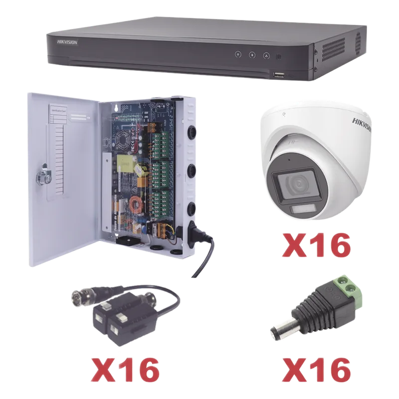 KIT TurboHD 1080p / DVR 16 Canales / 16 Cámaras Turret con Audio Integrado (Exterior 2.8 mm) / Transceptores / Conectores / Fuente de Poder Profesional HIKVISION KH1080P16DW