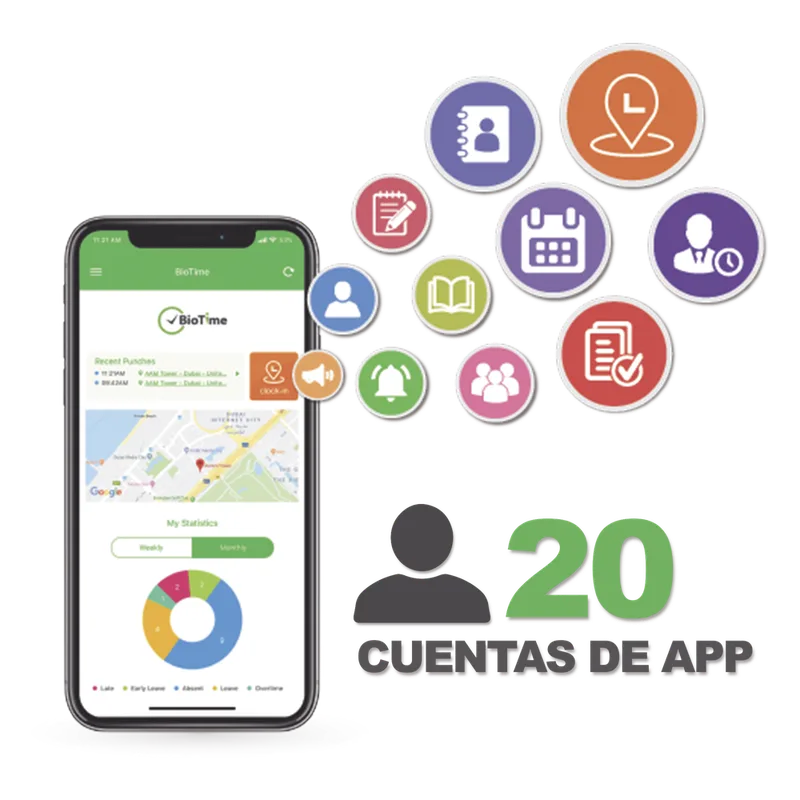 Licencia para realizar checadas de asistencia desde Smartphone (APP) con envío de fotografía y ubicación por GPS / Compatible con BIOTIMEPRO / Licencia para 20 usuarios ZKTECO BIOTIMEAPP20