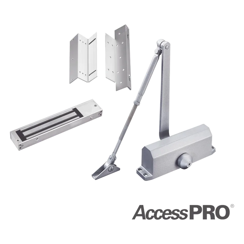 Kit para control de acceso incluye Chapa magnética de 600Lbs / Montajes L y Z / Cierra puerta para 45-65Kg. ACCESSPRO ACCESSKIT600N