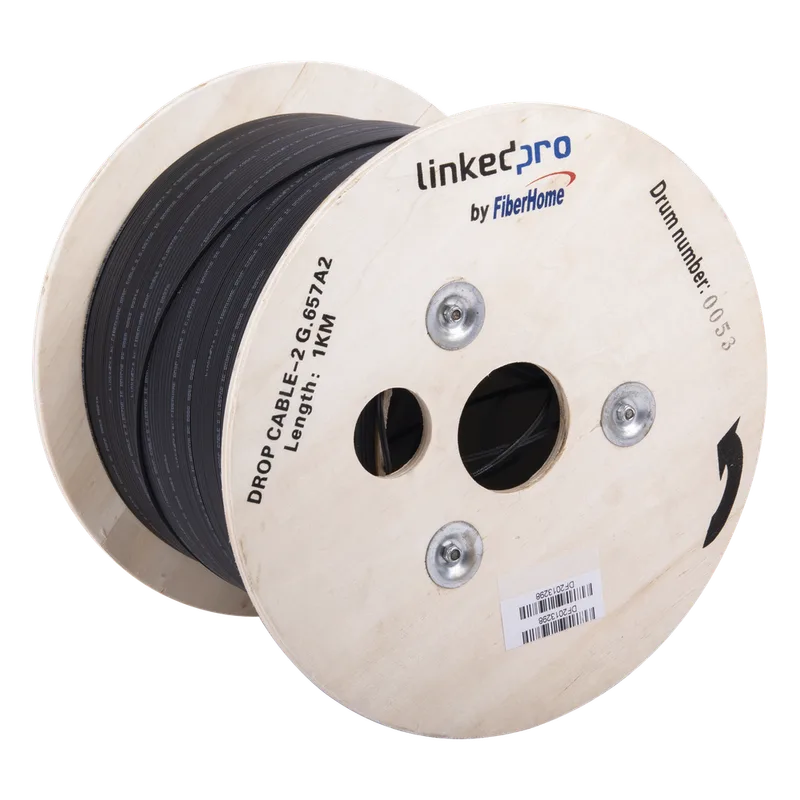 Carrete de 1 km de Fibra Óptica Drop, Interior/Exterior G.657A2 Monomodo de 2 Hilos (Bifibra), Diseñada para Fusionarse, Dieléctrica, Forro Negro, (No Soporta Conectores Mecánicos) LINKEDPRO BY FIBERHOME IC-DROPA2-2C