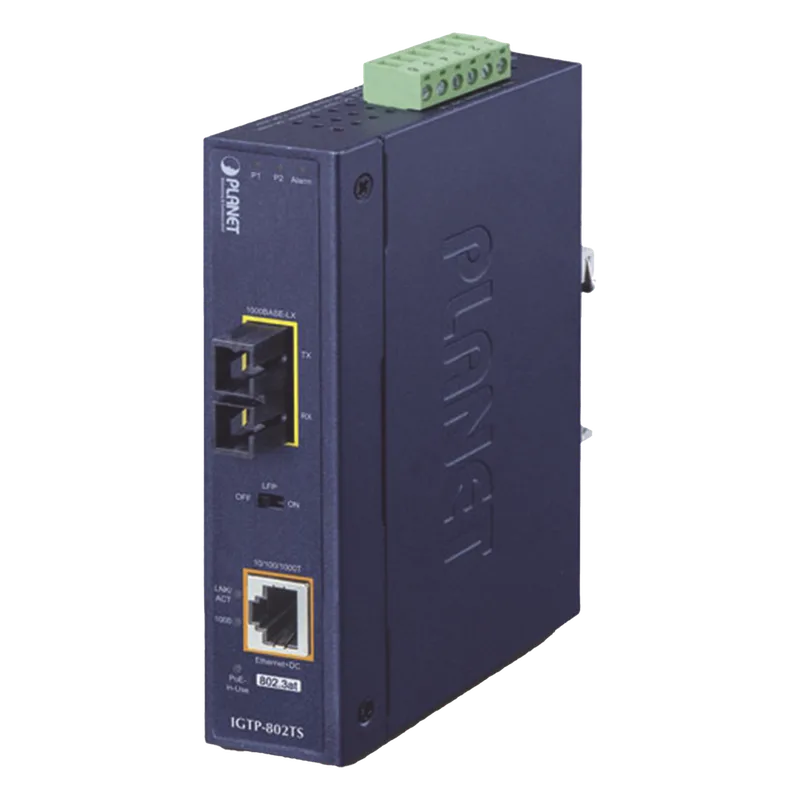 Convertidor de Medios Industrial PoE+ 1000BASE-LX a 10/100/1000BASE-T 802.3at (SC,SM) -20 km PLANET IGTP-802TS